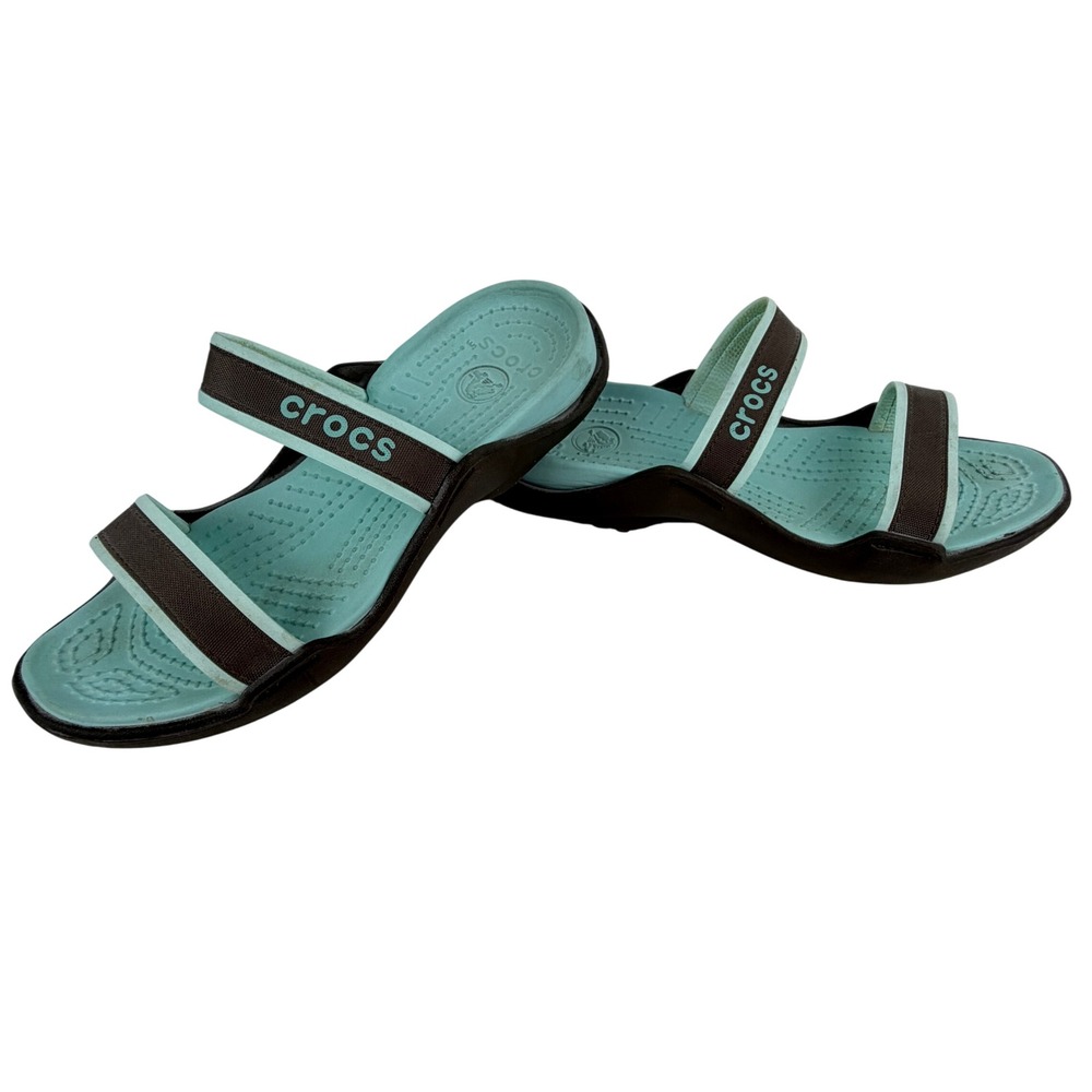 Crocs Cleo II Sandals Women 7 Brown Aqua Blue Dual Strap Slide Comfort Shoes